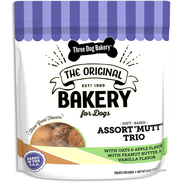 THREE DOG BAKERY Soft Baked AssortMutt Trio, Oat, PB, & Vanilla Dog ...