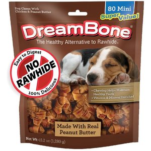 DREAMBONE Peanut Butter Flavored Rawhide Free Mini Hard Chew Dog Treats 80 count Chewy