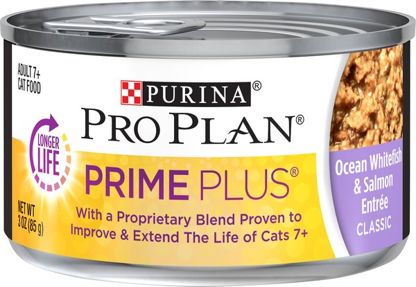 Purina Pro Plan Prime Plus Adult 7+ Ocean Whitefish & Salmon Entree Classic Canned Cat Food, 3-oz, case of 24 slide 1 of 11