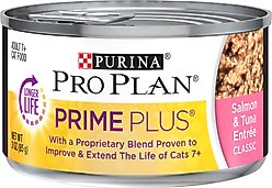 Purina Pro Plan Prime Plus Adult 7+ Salmon & Tuna Entree Classic Canned Cat Food, 3-oz, case of 24