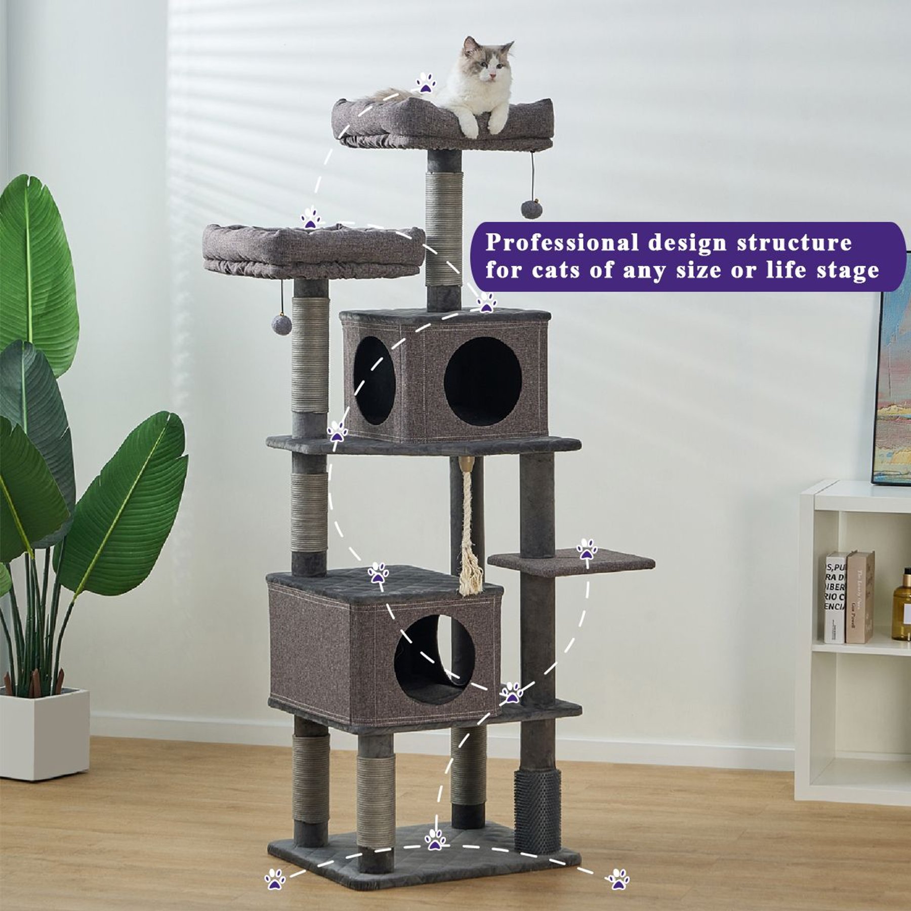 Catry Stella 6-Level Quilted Velvet & Polyester 67.7-in Large Cat Tree & Condo, Gray