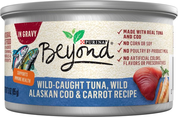 Purina Beyond Natural Wild-Caught Tuna, Cod & Carrots Recipe in Gravy Canned Cat Food, 3-oz, case of 12 slide 1 of 11