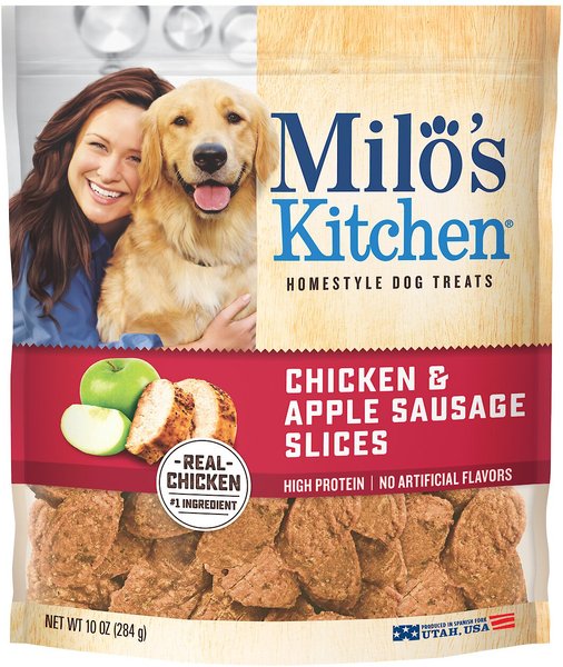 Milo's Kitchen Chicken & Apple Sausage Slices Dog Treats, 10-oz slide 1 of 2