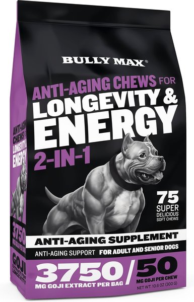 Bully Max 2-in-1 Longevity & Energy Anti-Aging Beef Flavored Chew Supplement for Dogs, 10.6-oz bag