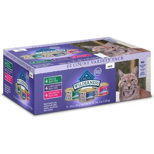 Blue Buffalo Wilderness Pate Variety Pack Duck, Chicken & Salmon Grain-Free Cat Canned Food, 3-oz, case of 12