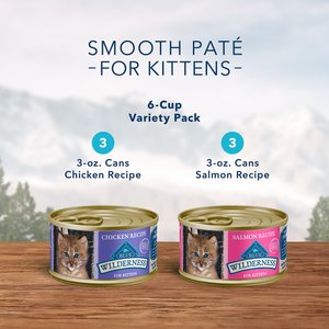Blue Buffalo Wilderness Pate Kitten Variety Pack with Chicken & Salmon Grain-Free Cat Food, 3-oz can, case of 6