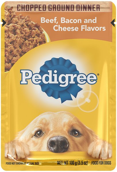 Pedigree Chopped Ground Dinner Beef, Bacon & Cheese Flavors Adult Wet Dog Food, 3.5-oz, case of 16 slide 1 of 6