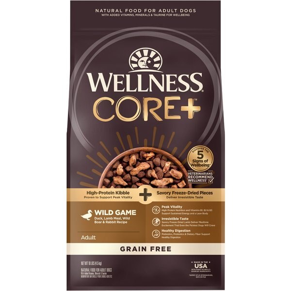 Curated visual reference: Wellness Core Grain Free Dog Food Allergy Reference: Wellness Core Rawrev Grain Free Wild Game Recipe With Freeze