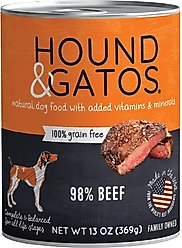 Hound & Gatos 98% Beef Grain-Free Canned Dog Food, 13-oz, case of 12