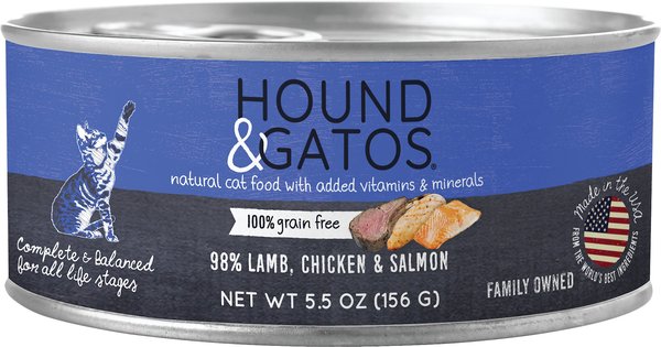Hound & Gatos 98% Lamb, Chicken & Salmon Grain-Free Canned Cat Food, 5.5-oz, case of 24 slide 1 of 8