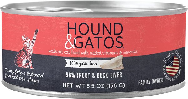 Hound & Gatos 98% Trout & Duck Liver Grain-Free Canned Cat Food, 5.5-oz, case of 24 slide 1 of 8