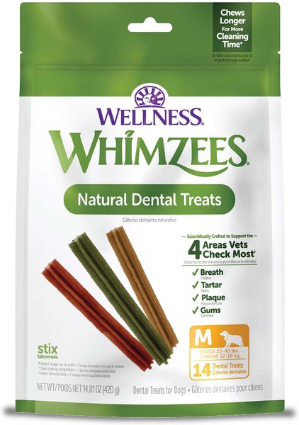 WHIMZEES by Wellness Stix Dental Chews Natural Grain Free Dental Dog Treats Medium 14 count Chewy