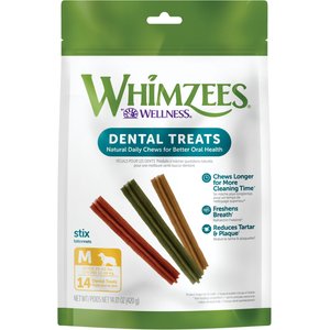 WHIMZEES by Wellness Stix Dental Chews Natural Grain-Free Dental Dog Treats, Medium, 14 count