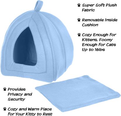 Show full view: Petmaker Cozy Kitty Tent Igloo Plush Cat Bed, Blue slide 7 of 9