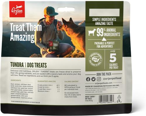 Show full view: ORIJEN Tundra Grain-Free High-Protein Freeze-Dried Dog Treats, 1.5-oz bag slide 3 of 7