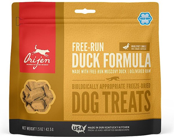 ORIJEN Free-Run Duck Formula Grain-Free Freeze-Dried Dog Treats, 1.5-oz bag slide 1 of 4