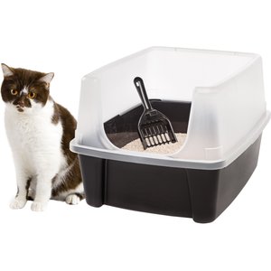 IRIS USA Open Top Litter Box with Scatter Shield & Scoop, Black