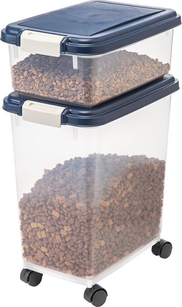 IRIS USA 2-Piece WeatherPro Airtight Stackable Dog Cat & Bird Food Pet Food Storage  Container Combo & Treat Box, Navy, 35-lb 