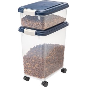 IRIS USA 2-Piece WeatherPro Airtight Stackable Dog Cat & Bird Food Pet Food Storage Container Combo & Treat Box, Navy, 35-lb