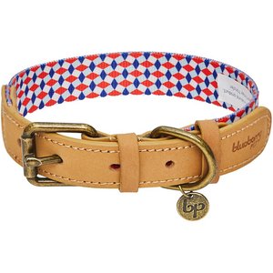 Blueberry Pet Geometric Squares Polyester Fabric Webbing & Soft Genuine Leather Dog Collar, Multicolor