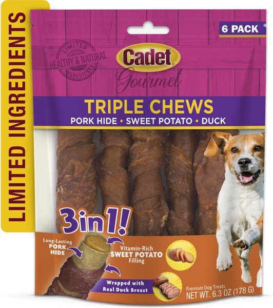 Cadet Gourmet Triple Chews Chicken & Peanut Butter Flavor Knotted Pork Hide Dog Treat, 5 count