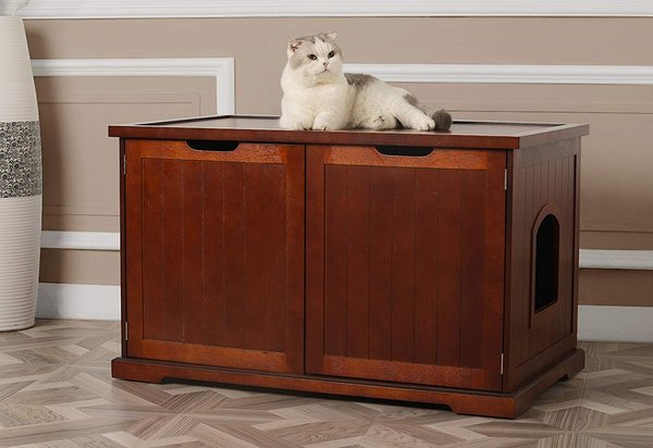 Merry Products Cat Washroom Bench Decorative Litter Box Cover Storage Walnut