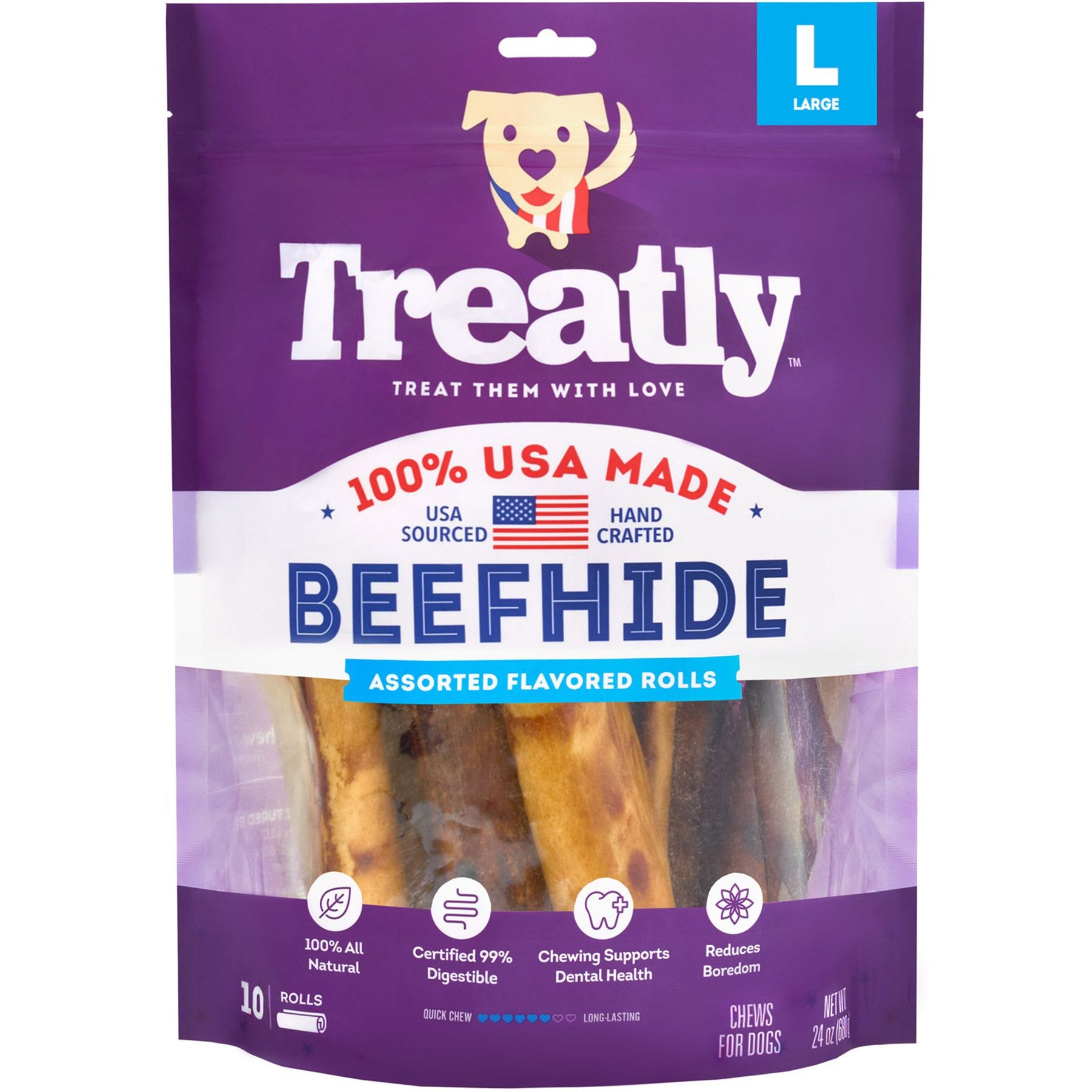 Treatly USA Beefhide Rolls 8 to 9-in Chicken & Beef Flavor Dog Chews, 10 count