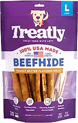 Treatly USA Beefhide Rolls 8 to 9in Peanut Butter Flavor Dog Chews, 10 count