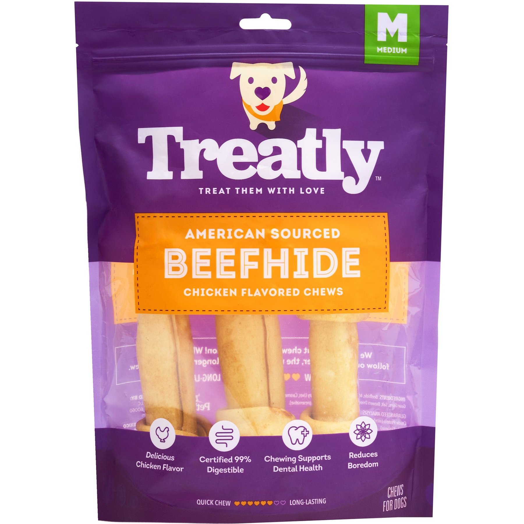 Treatly American Sourced Beefhide Bones 6 to 7-in Chicken Flavor Dog Chews, 3 count