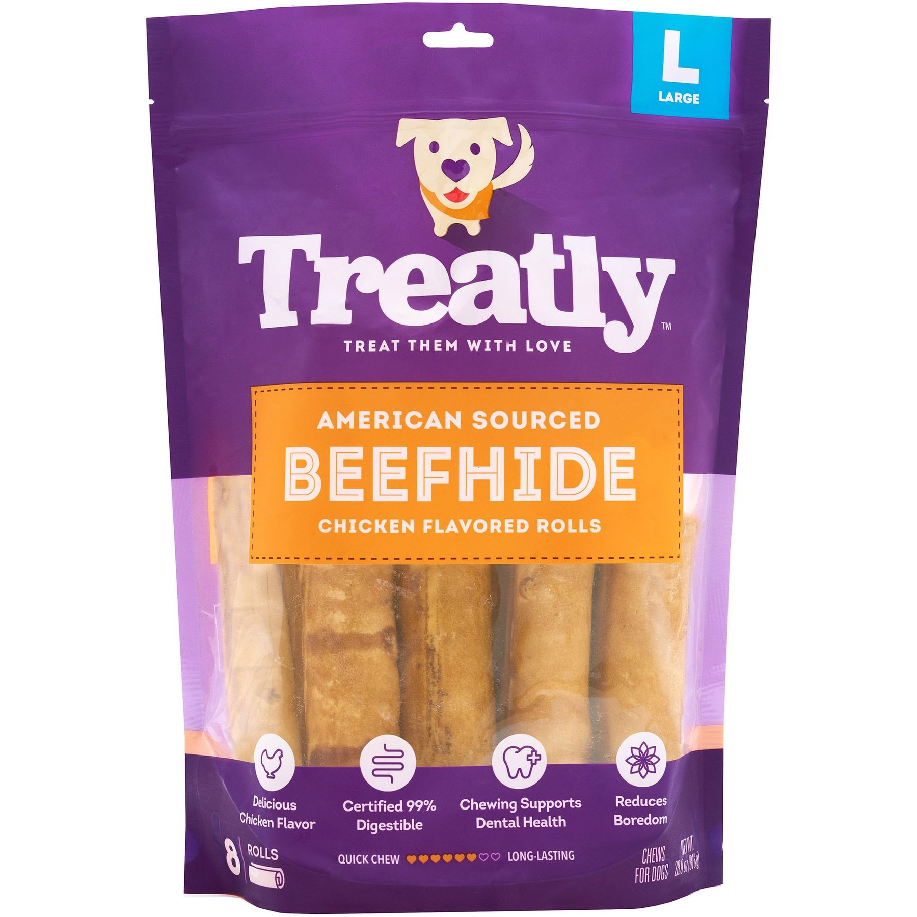 Treatly American Sourced Beefhide Rolls 8 to 9-in Chicken Flavor Dog Chews, 10 count