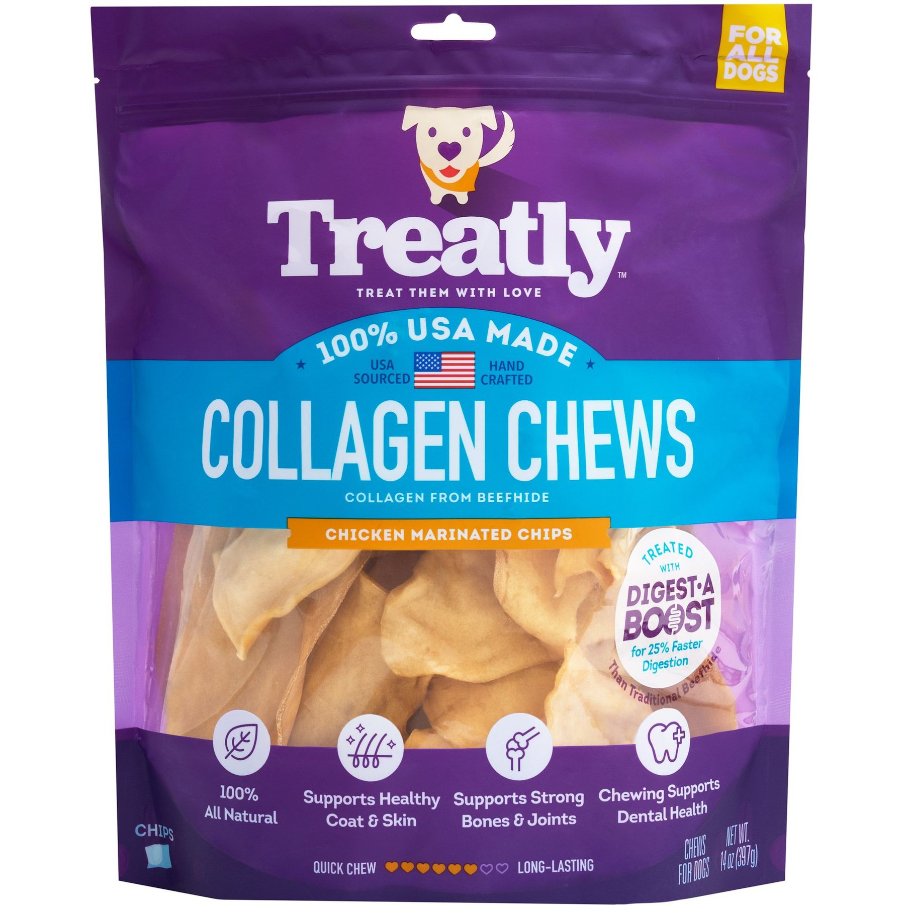 Treatly USA Collagen Chips Assorted Chicken Marinade Flavor Dog Chews, 14-oz bag