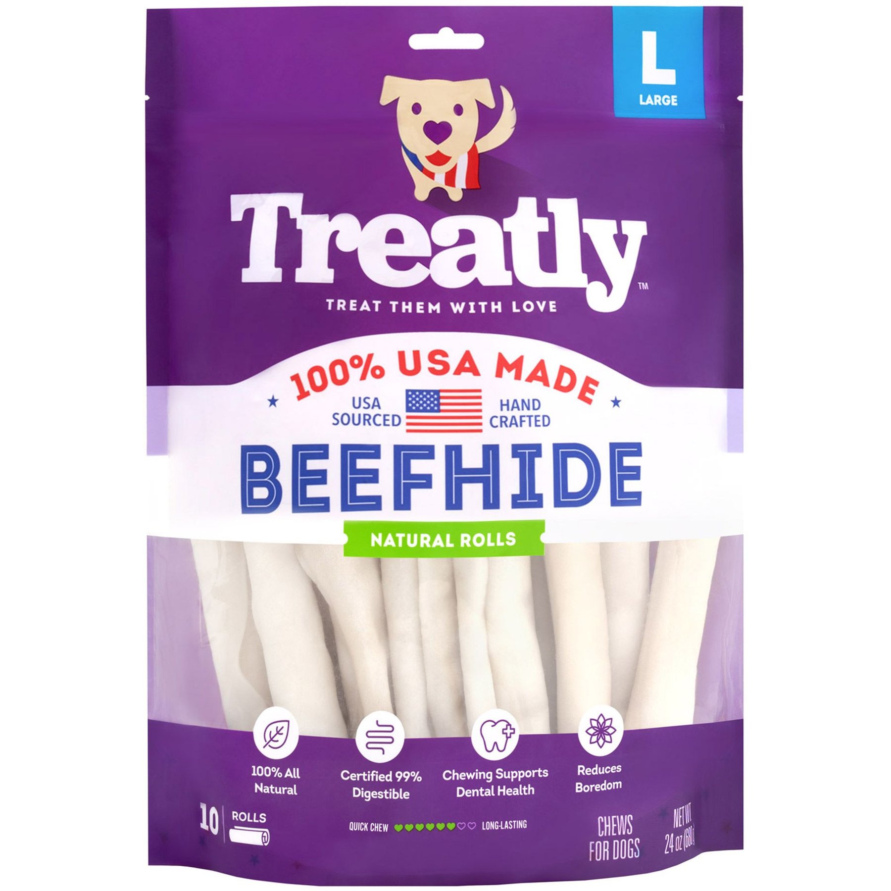 Treatly USA Beefhide Rolls 8 to 9-in Natural Flavor Dog Chews, 10 count