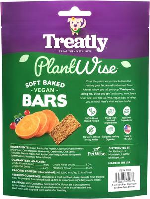 Show full view: Treatly PlantWise Sweet Potato & Berries Vegan Bars Dog Treats, 5-oz bag slide 3 of 10