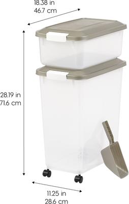 Show full view: IRIS 3-Piece WeatherPro Airtight Stackable Dog, Cat & Bird Food Storage Container Combo with Scoop & Treat Box, Clear/Gray, 54-lb slide 3 of 11
