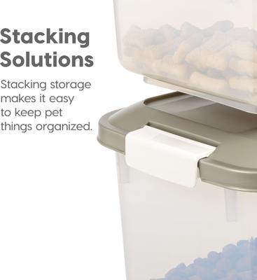 Show full view: IRIS 3-Piece WeatherPro Airtight Stackable Dog, Cat & Bird Food Storage Container Combo with Scoop & Treat Box, Clear/Gray, 54-lb slide 5 of 11