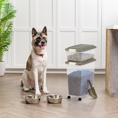 Show full view: IRIS 3-Piece WeatherPro Airtight Stackable Dog, Cat & Bird Food Storage Container Combo with Scoop & Treat Box, Clear/Gray, 54-lb slide 7 of 11