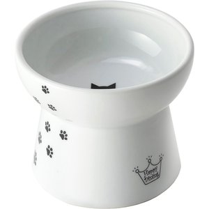 Necoichi Ceramic Elevated Cat Food Bowl, White Paw Print, 1.5-cup