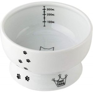 Necoichi Ceramic Elevated Cat Water Bowl, White Paw Print, Raised, 12.2-oz