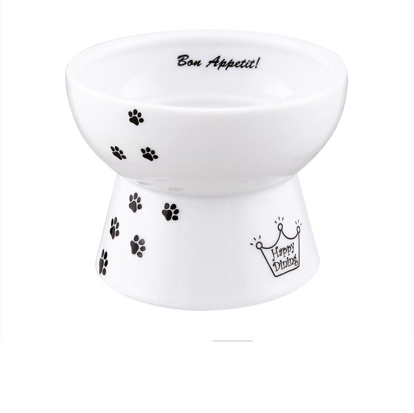 Discontinued NECOICHI Ceramic Elevated Dog & Cat Food Bowl, White Paw