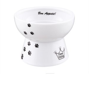 Necoichi Ceramic Elevated Dog & Cat Food Bowl, White Paw Print, 0.5-cup