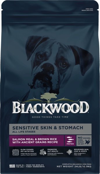 Curated visual reference: Fresh Look at Blackwood Sensitive Skin Stomach Adult Salmon Meal Brown Rice With