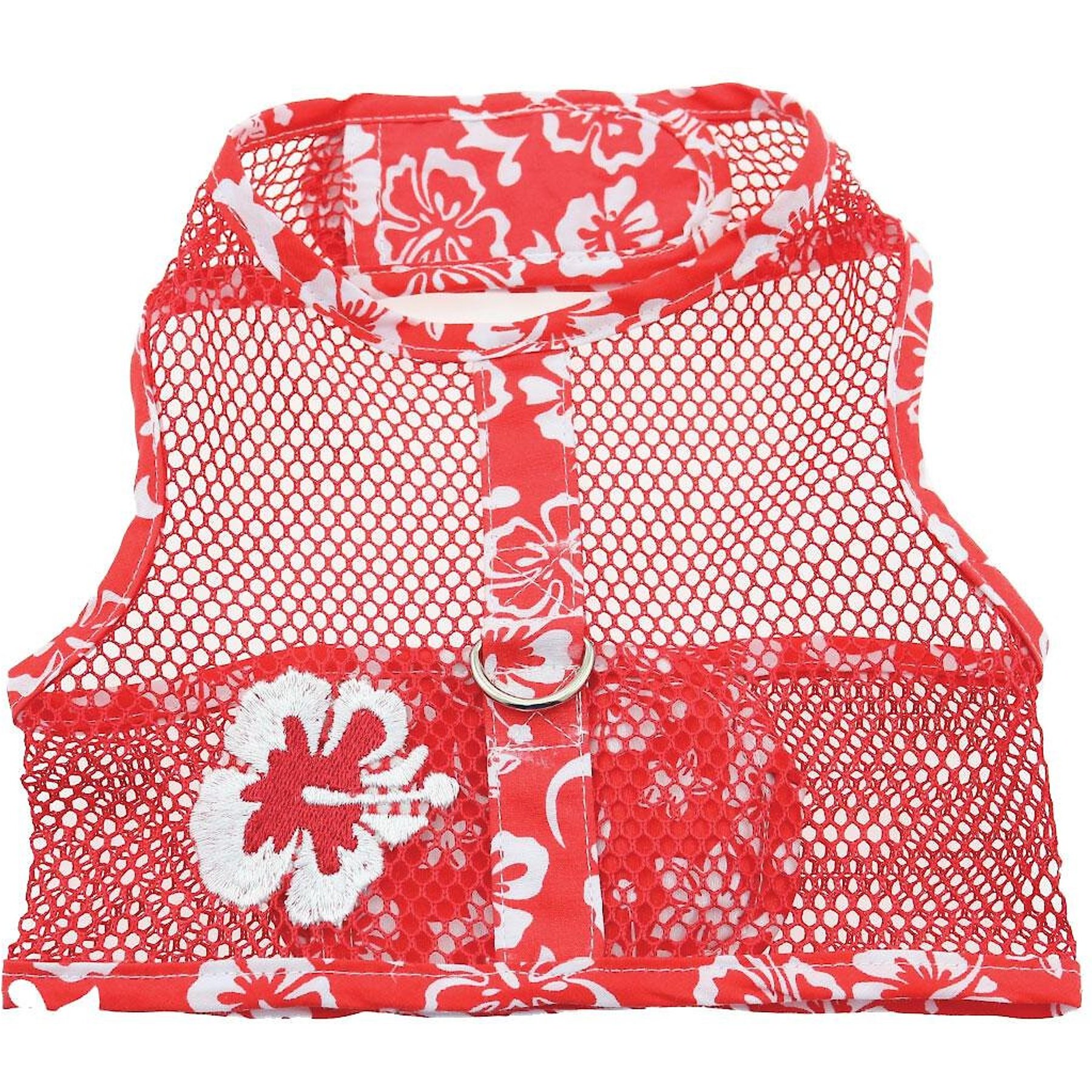 Doggie Design Cool Mesh Netted Aloha Hibiscus Dog Harness with Matching Leash, Red, Large