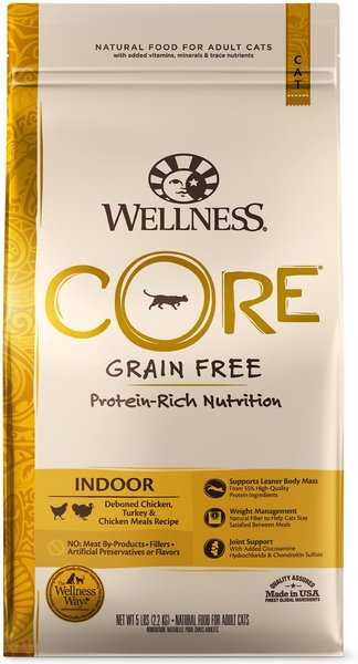 Wellness CORE Grain-Free Chicken, Turkey & Chicken Meal Indoor Formula Dry Cat Food, 5-lb bag slide 1 of 10