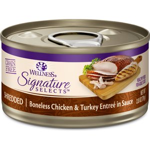 Wellness CORE Signature Selects Shredded Boneless Chicken & Turkey Entree in Sauce Grain-Free Natural Canned Cat Food, 2.8-oz, case of 12