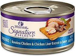 Wellness CORE Signature Selects Shredded Boneless Chicken & Chicken Liver Entree in Sauce Grain-Free Natural Canned Cat Food, 2.8-oz, case of 12