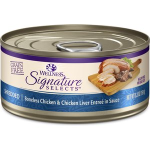 Wellness CORE Signature Selects Shredded Boneless Chicken & Chicken Liver Entree in Sauce Grain-Free Canned Cat Food, 5.3-oz, case of 12