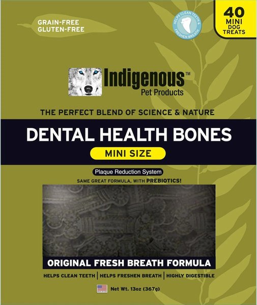 Indigenous Pet Products Fresh Breath Formula Grain-Free Mint Flavored Mini Dental Dog Treats, 40 count slide 1 of 5
