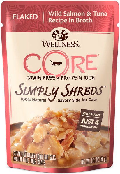 Wellness CORE Simply Shreds Grain-Free Wild Salmon & Tuna Wet Cat Food Topper, 1.75-oz, case of 12 slide 1 of 8
