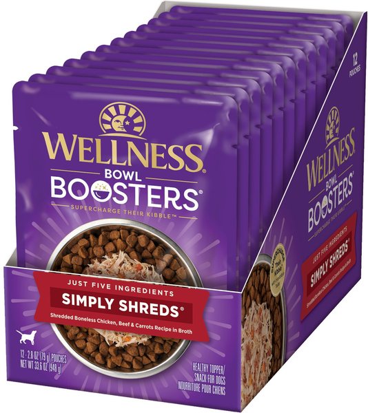 Wellness Bowl Boosters Simply Shreds Chicken, Beef & Carrots Natural Grain Free Wet Dog Food Mixer or Topper, 2.8-oz pouch, case of 12 slide 1 of 8