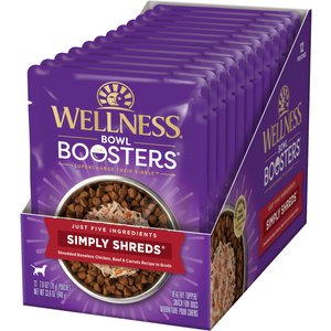 Wellness Bowl Boosters Simply Shreds Chicken, Beef & Carrots Natural Grain-Free Wet Dog Food Mixer or Topper, 2.8-oz pouch, case of 12